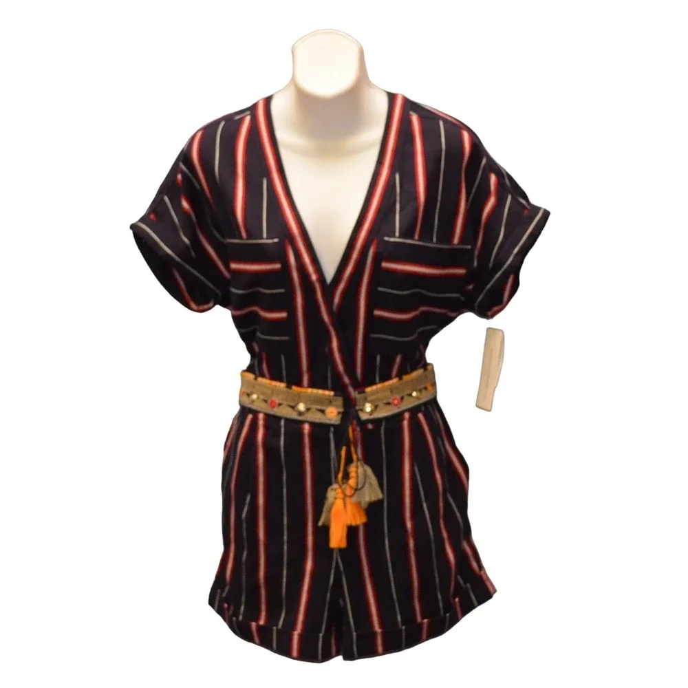 B2 NEW FRENCH CONNECTION Hasan Cotton Navy Striped Studded Belt Romper Sz 2 $148 - Picture 2 of 5